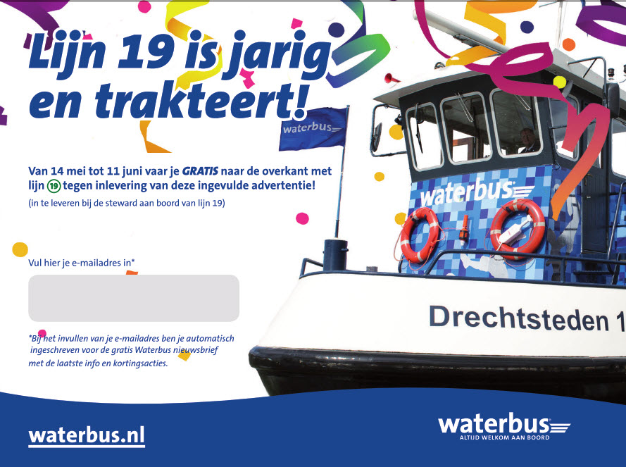 Waterbus Lijn 19 is jarig en trakteert!