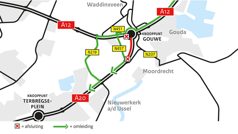 Afsluiting A20 vanuit Gouda richting Rotterdam 18 en 19 oktober