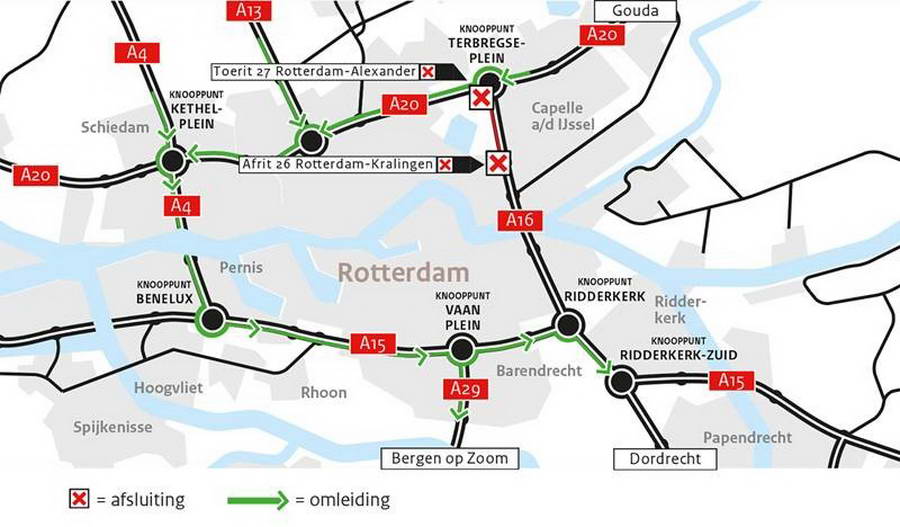 Weekendafsluiting A16 tussen Terbregseplein en Rotterdam Kralingen van 11 tot 14 juni 2021