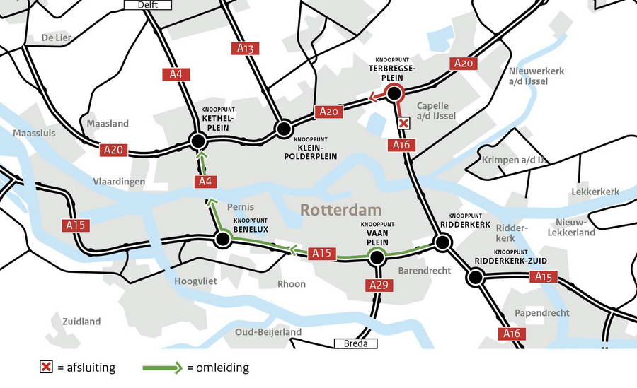 Weekendafsluiting verbindingsboog Terbregseplein A16 naar A20 richting Hoek van Holland 9 tot 11 juli