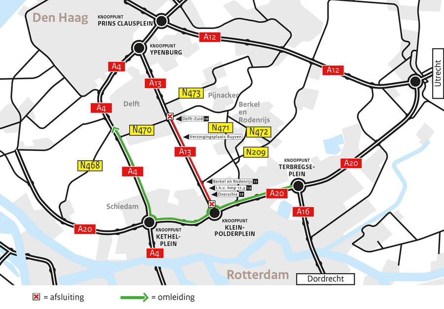 A13 richting Den Haag dicht van 14 tot 17 juli 2023