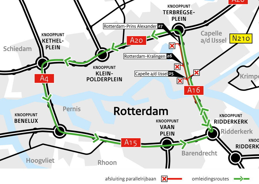 Weekendafsluiting parallelbaan Van Brienenoordbrug (A16) richting Dordrecht
