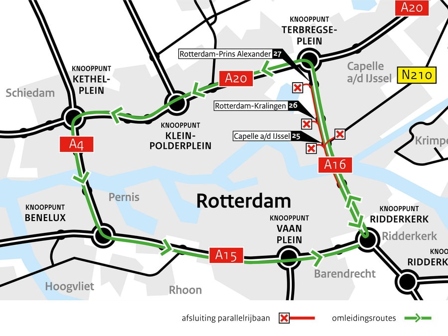Weekendafsluiting parallelbaan Van Brienenoordbrug (A16) richting Dordrecht