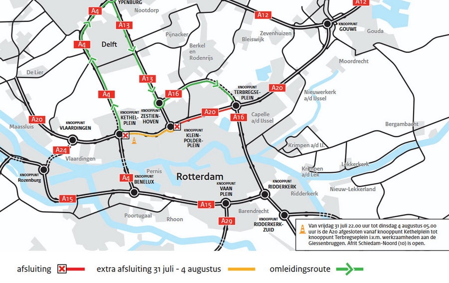 A20 richting Gouda 24 juli - 7 augustus dicht tussen knooppunt Kleinpolderplein en Terbregseplein